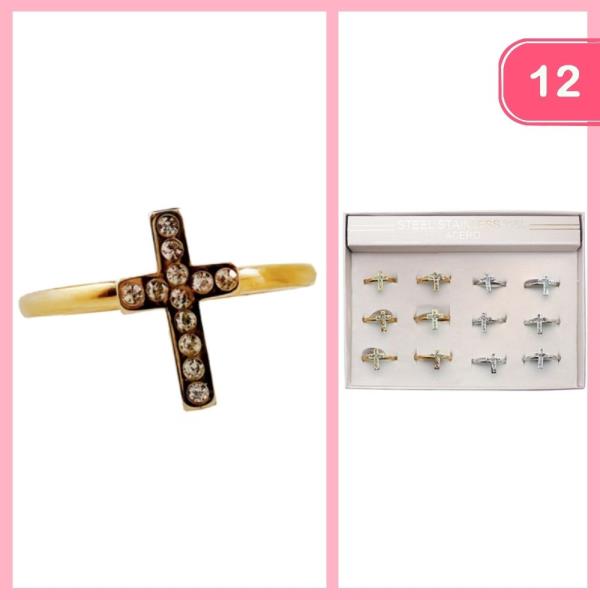 STAINLESS STEEL RHINESTONE CROSS RING (12 UNITS)