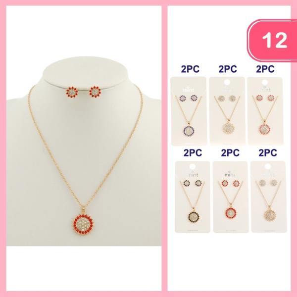 RHINESTONE PENDANT NECKLACE EARRING SET (12 UNITS)