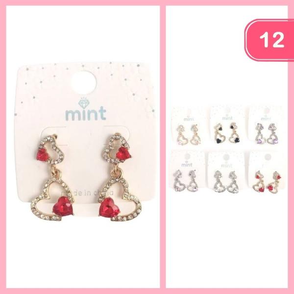 RHINESTONE DOUBLE HEART DANGLE EARRINGS (12 UNITS)