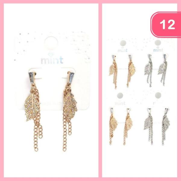 RHINESTONE FEATHER TASSEL DANGLE EARRING (12 UNITS)
