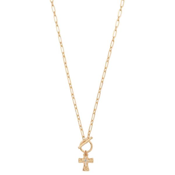 TWO TONE CROSS TOGGLE CLASP METAL NECKLACE