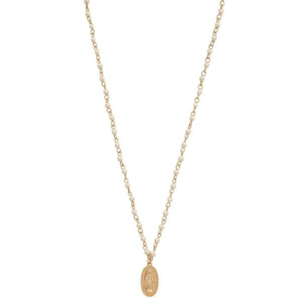 RELIGIOUS OVAL CHARM PEARL BEAD NECKLACE