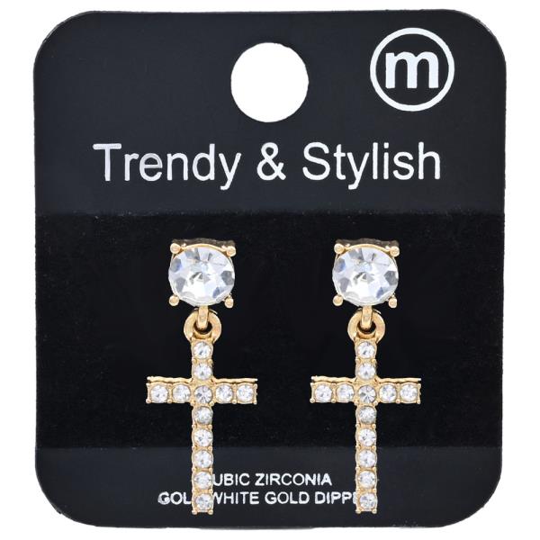 BRASS CZ CROSS DANGLE POST EARRING