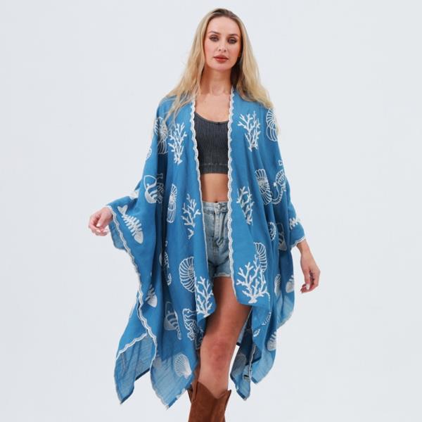 SEAHORSE CORAL SEASHELL EMBROIDERED KIMONO - SPRING SUMMER OCEAN THEME