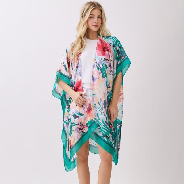 ABSTRACT FLORAL  PRINT SILKY FEEL KIMONO
