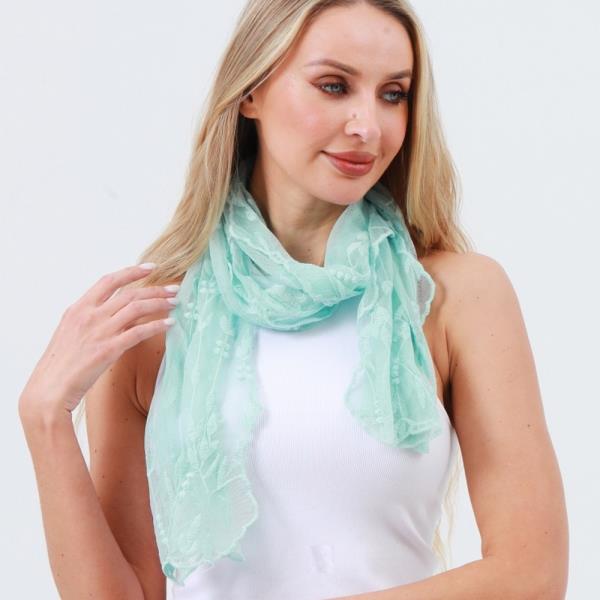 DELICATE MESH EMBROIDERED OBLONG SCARF - SHEER & AIRY LIGHTWEIGHT