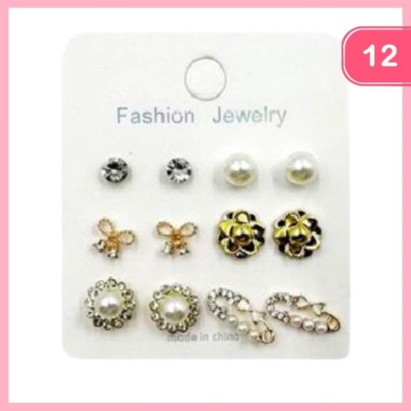 MIXED BOW FLOWER PEARL RHINESTONE POST EARRING (12 UNITS)