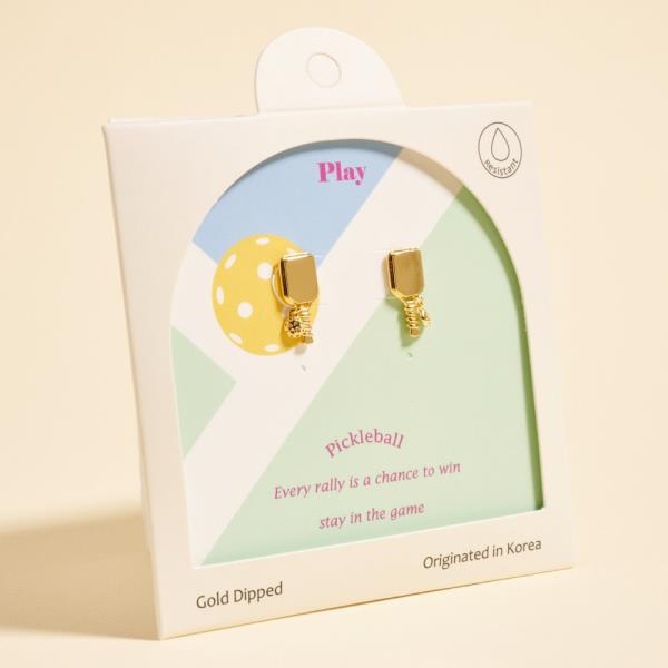 PICKLEBALL SHAPED GOLD-DIPPED 925 SILVER POST EARRING WATER RESISTANT