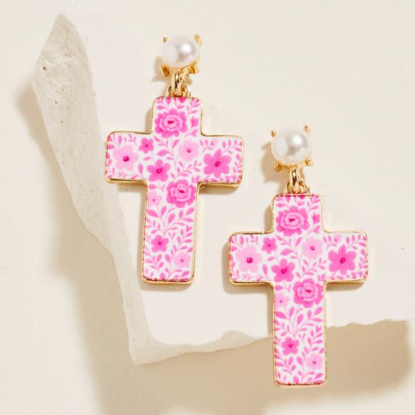 FLOWER PATTERN PRINTED ENAMELED CROSS EARRING