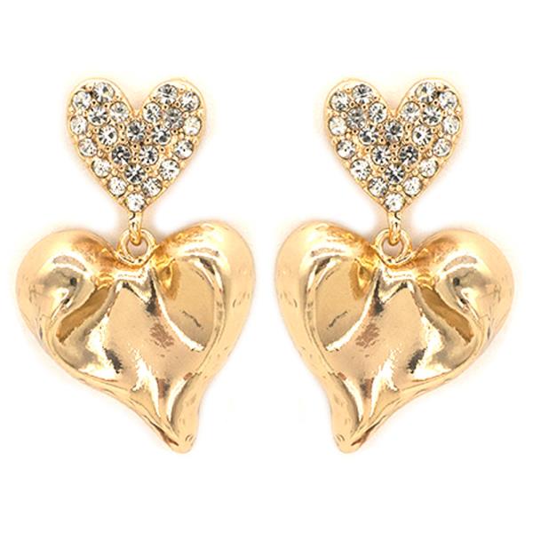 RHINESTONE METAL HEART DROP EARRINGS