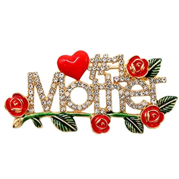 MOTHER DAY BROOCH DECORATED WITH A RED HEART, MINIATURE ROSES, AND CRYSTAL-EMBELLISHED TEXT