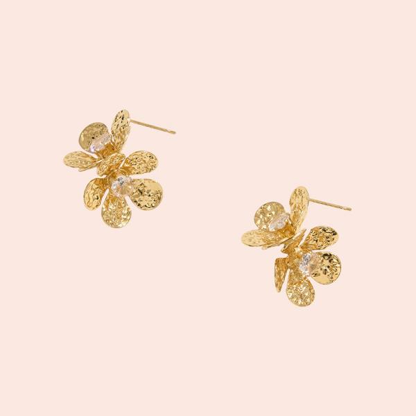 14K GOLD/ WHITE GOLD DIPPED DUAL FLOWER POST EARRING CZ