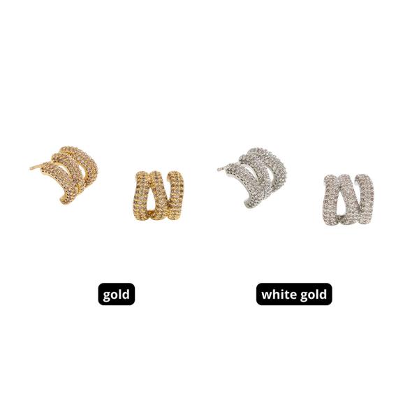 14K GOLD DIPPED TRIPLE BAND CZ PAVE POST EARRING