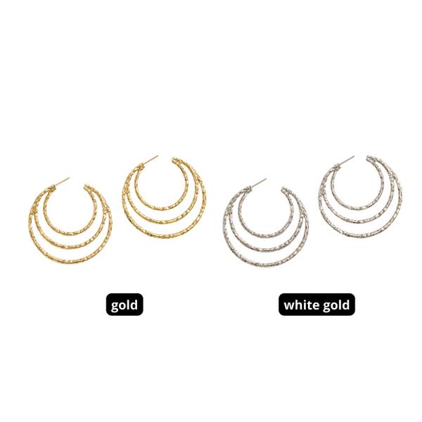 14K GOLD WHITE DIPPED TRIPLE HOOPS TEXTURED POST EARRINGS