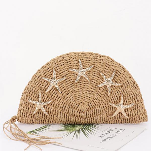 STRAW HALF MOON CLUTCH W STARFISH EMBELLISHMENTS
