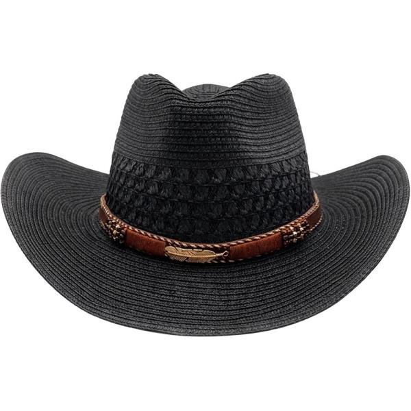 WOVEN STRAW PINCHED CROWN CURVED WIDE BRIM COWBOY HAT WITH METAL FEATHER BELT BAND