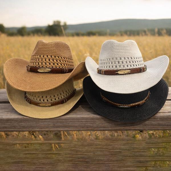 WOVEN STRAW PINCHED CROWN CURVED WIDE BRIM COWBOY HAT WITH METAL FEATHER BELT BAND
