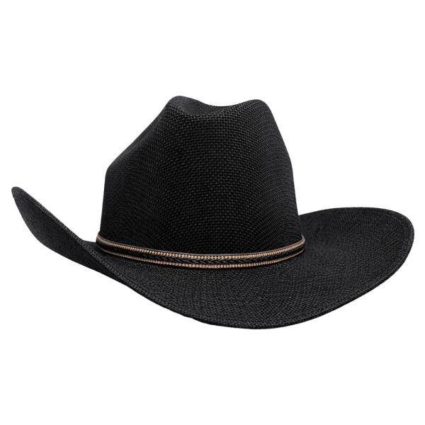 WOVEN STRAW PINCHED CROWN CURVED WIDE BRIM COWBOY HAT