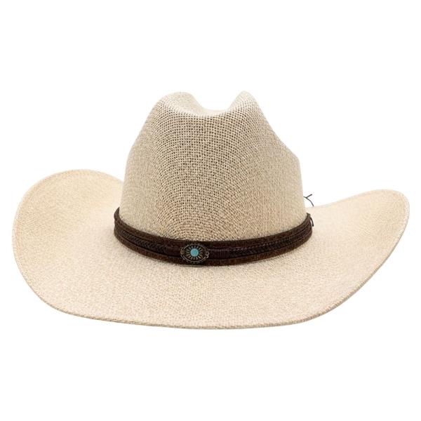 WOVEN STRAW PINCHED CROWN CURVED WIDE BRIM COWBOY HAT WITH CONCHO DETAIL BAND