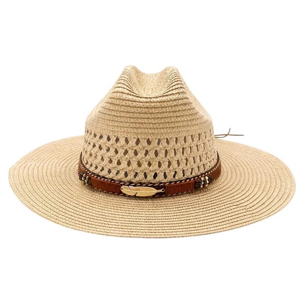 WOVEN STRAW OPEN WEAVE PINCHED CROWN WIDE BRIM COWBOY HAT WITH METAL FEATHER BELT BAND