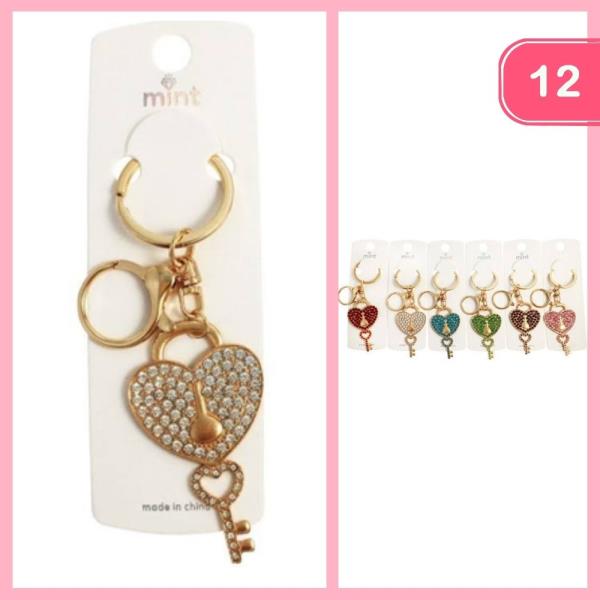 RHINESTONE HEART KEY KEYCHAIN (12 UNITS)