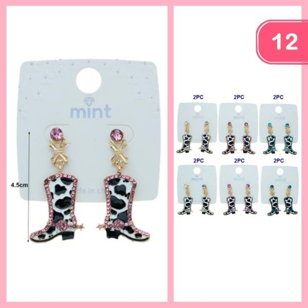 RHINESTONE COW PRINT BOOT EARRINGS (12 UNITS)