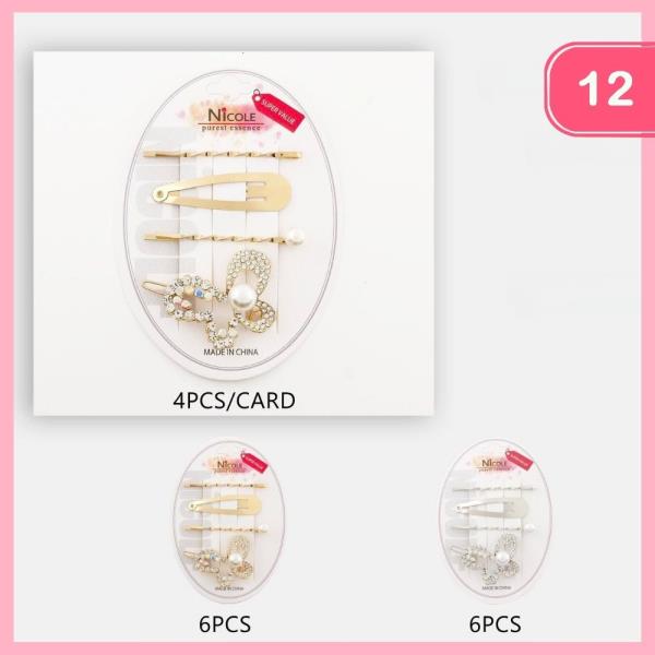 RHINESTONE PEARL BOBBY PINS SNAP HAIR CLIP SET (12 UNITS)