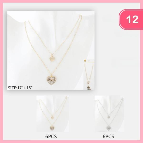 LAYERED RHINESTONE HEART MOM PENDANT NECKLACE (12 UNITS)