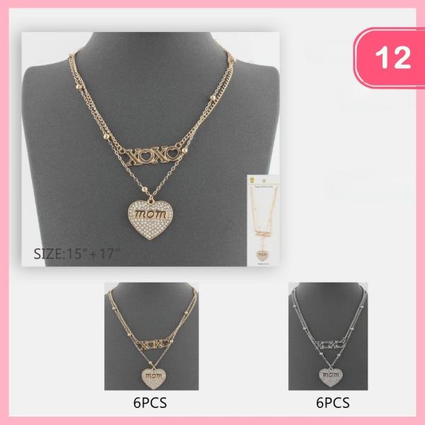 RHINESTONE MOM HEART XOXO PENDANT LAYERED NECKLACE (12 UNITS)