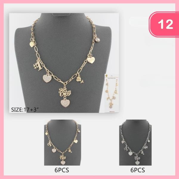 RHINESTONE BEST MOM HEART FLOWER PENDANT LAYERED NECKLACE (12 UNITS)