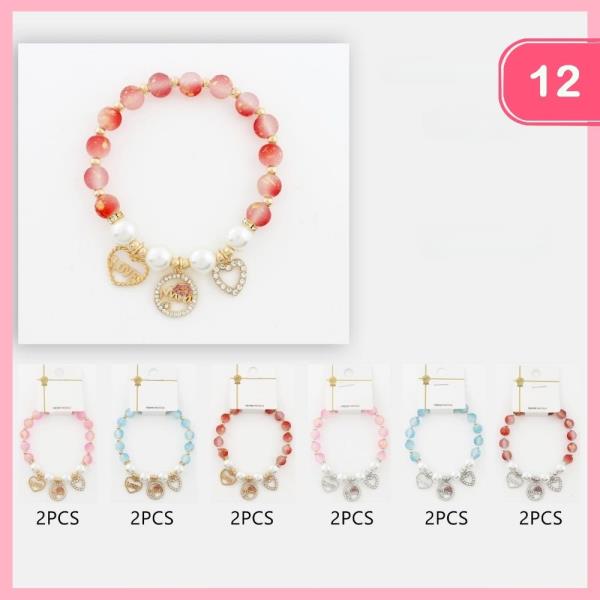 BEADED RHINESTONE HEART CHARM BRACELET (12 UNITS)