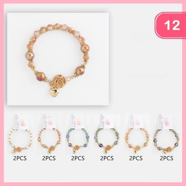 BEADED ROSE HEART CHARM BRACELET (12 UNITS)