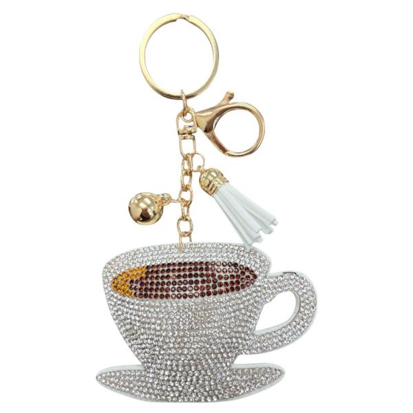 RHINESTONE COFFEE CUP KEYCHAIN WITH TASSEL