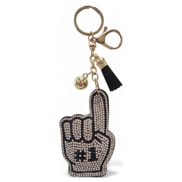 RHINESTONE HAND GESTURE TOUCHDOWN KEYCHAIN WITH TASSEL