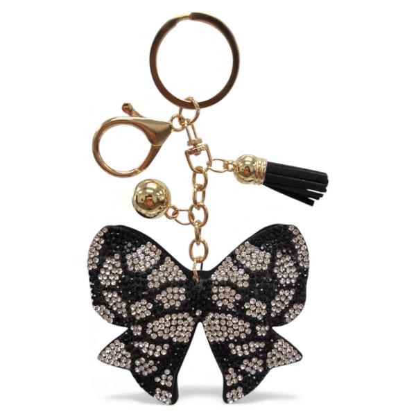 RHINESTONE SOCCER RIBBON BOW KEYCHAIN WITH TASSEL