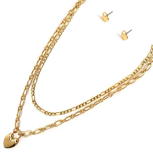 LAYERED HEART PENDANT NECKLACE EARRING SET