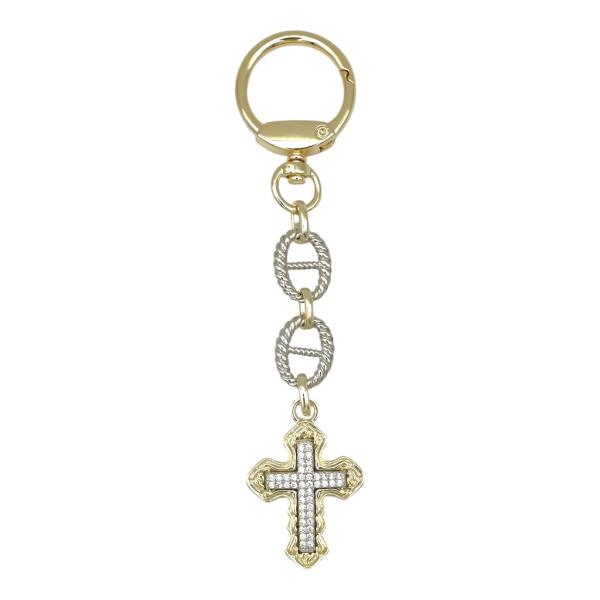 TWO TONE CZ PAVE CROSS BAG CHARM
