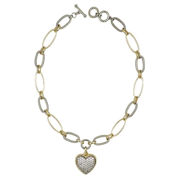 TWO TONE OVAL WIRE CZ PAVE HEART NECKLACE