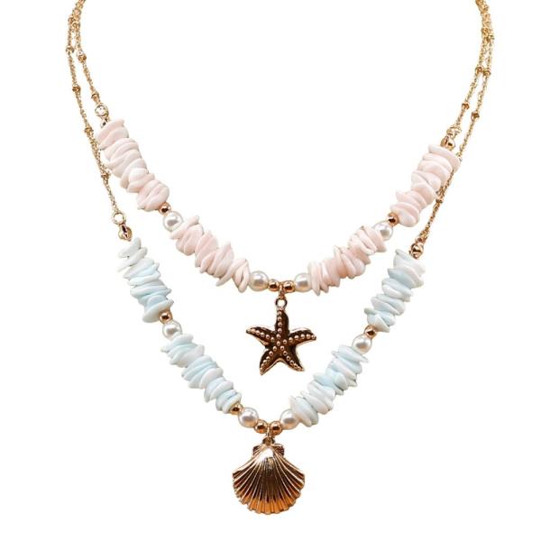 SHELL CHAIN LAYERED W/SEA LIFE PENDANT NECKLACE