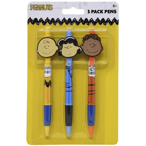 PEANUTS 3PC PENS W RUBBER CHARACTER CLIP