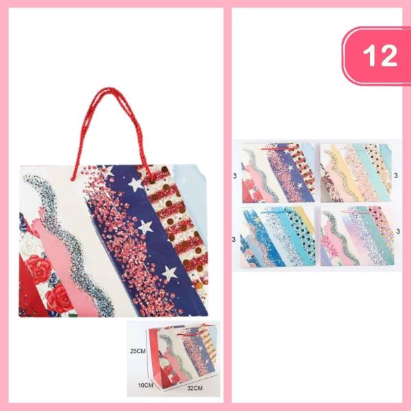 ROSE STAR GLITTER STRIP PATTERN PAPER GIFT BAG (12 UNITS)