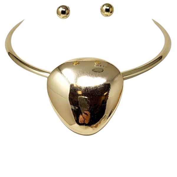 METAL COLLAR OVAL PENDANT CHOKER STATEMENT NECKLACE EARRING SET