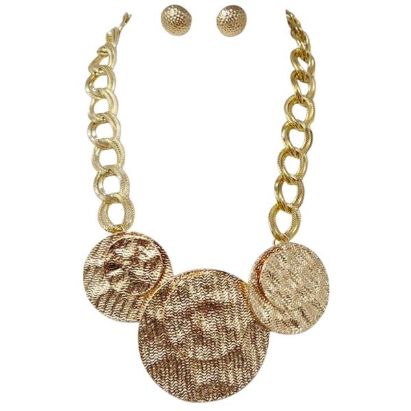 METAL HAMMERED DISC ROUND STATEMENT NECKLACE EARRING SET