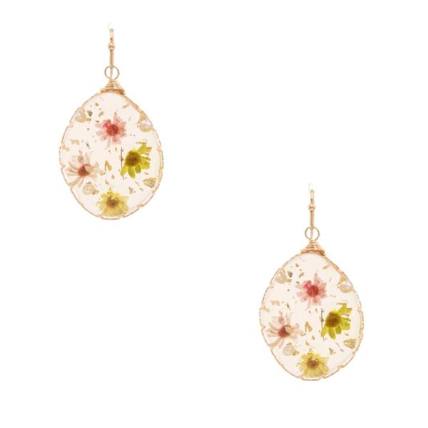 FLOWER ENCAPSULATED OVAL DANGLE EARRING