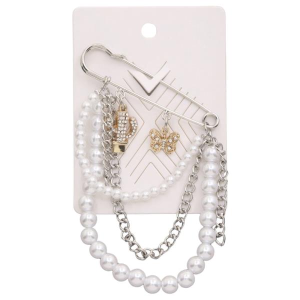 CACTUS BUTTERFLY CHARM PEARL BEAD CHAIN METAL PIN