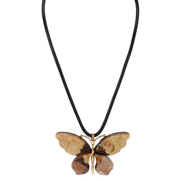BLACK CORD BUTTERFLY RESIN PENDANT LONG NECKLACE