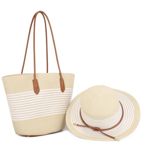 2IN1 STRIPE STRAW TOTE BAG W SUN HAT SET