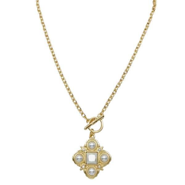 METAL PEARL CHAIN FLORAL PENDANT NECKLACE