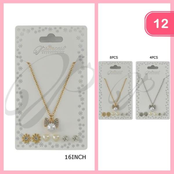 RHINESTONE BOW PEARL PENDANT NECKLACE EARRING SET (12 UNITS)