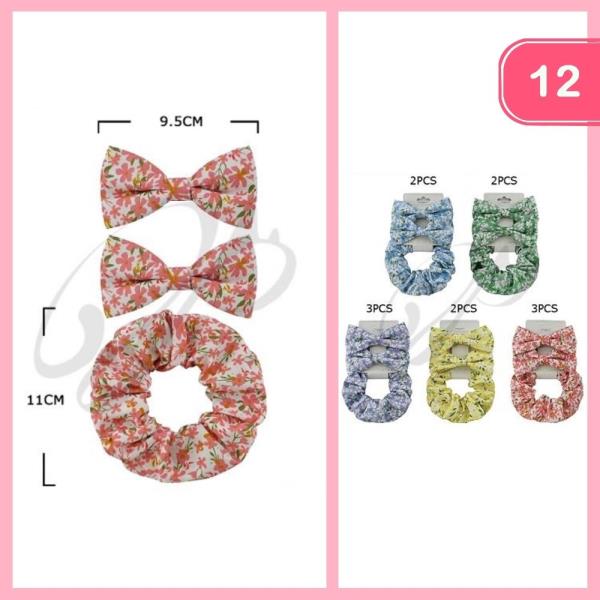 FLOWER PRINT HAIR BOW SCRUNCHIE SET (12 UNITS)